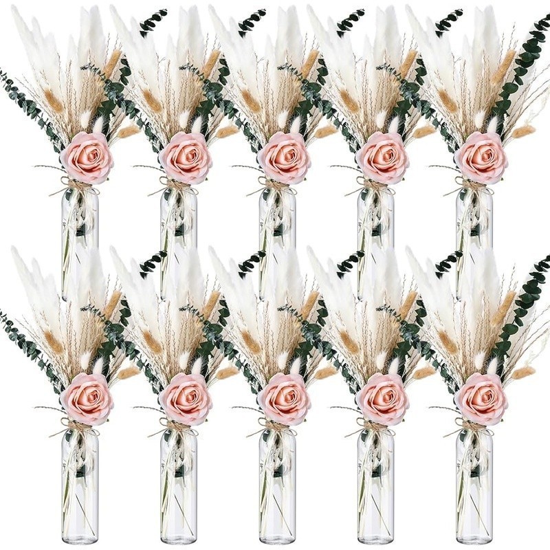 Dried Pampas Grass Arrangement W/ Artificial Roses Glass Jars Bohemian Decor Set