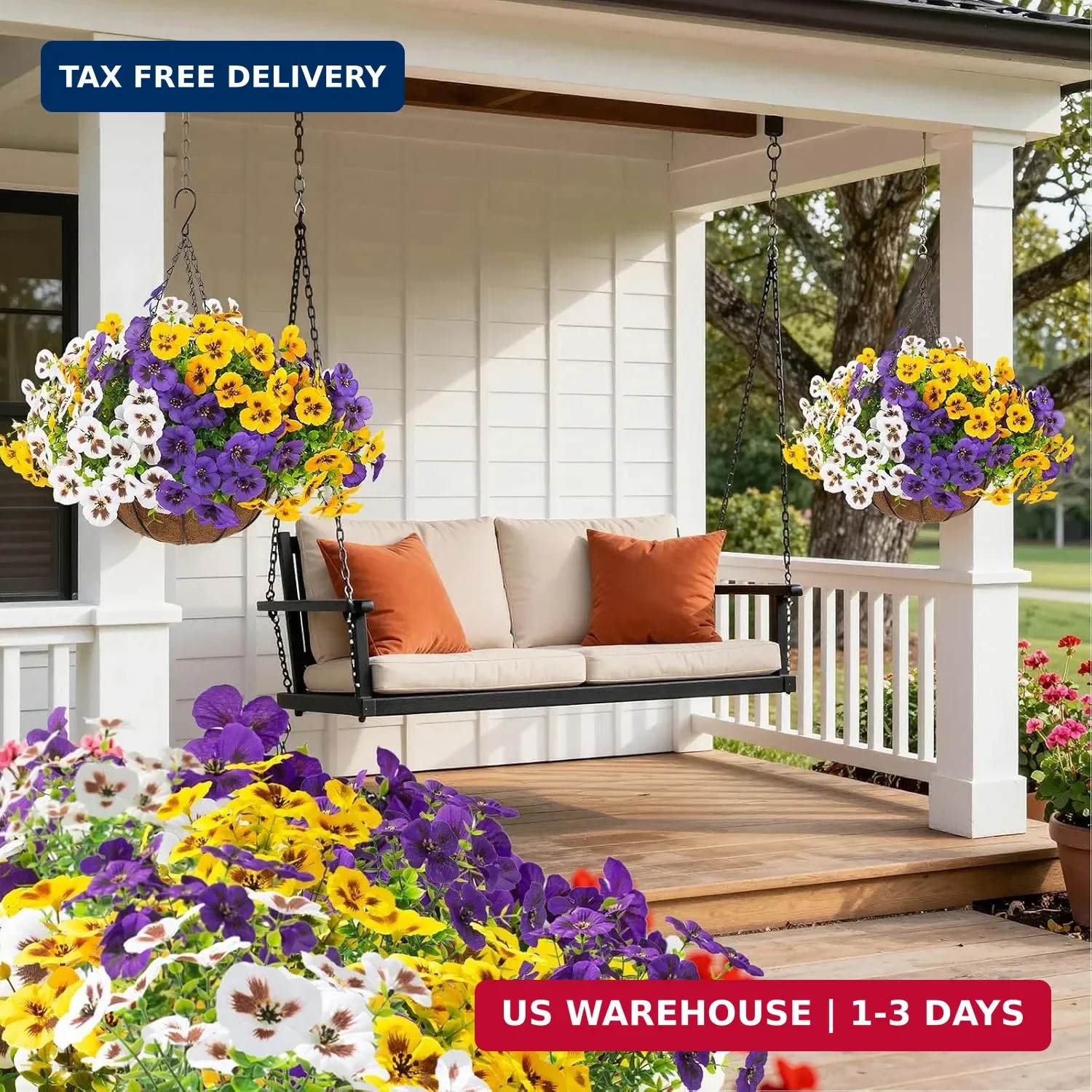 2 Sets Artificial Hanging Pansy Flowers with Baskets, 24 Pcs UV Resista