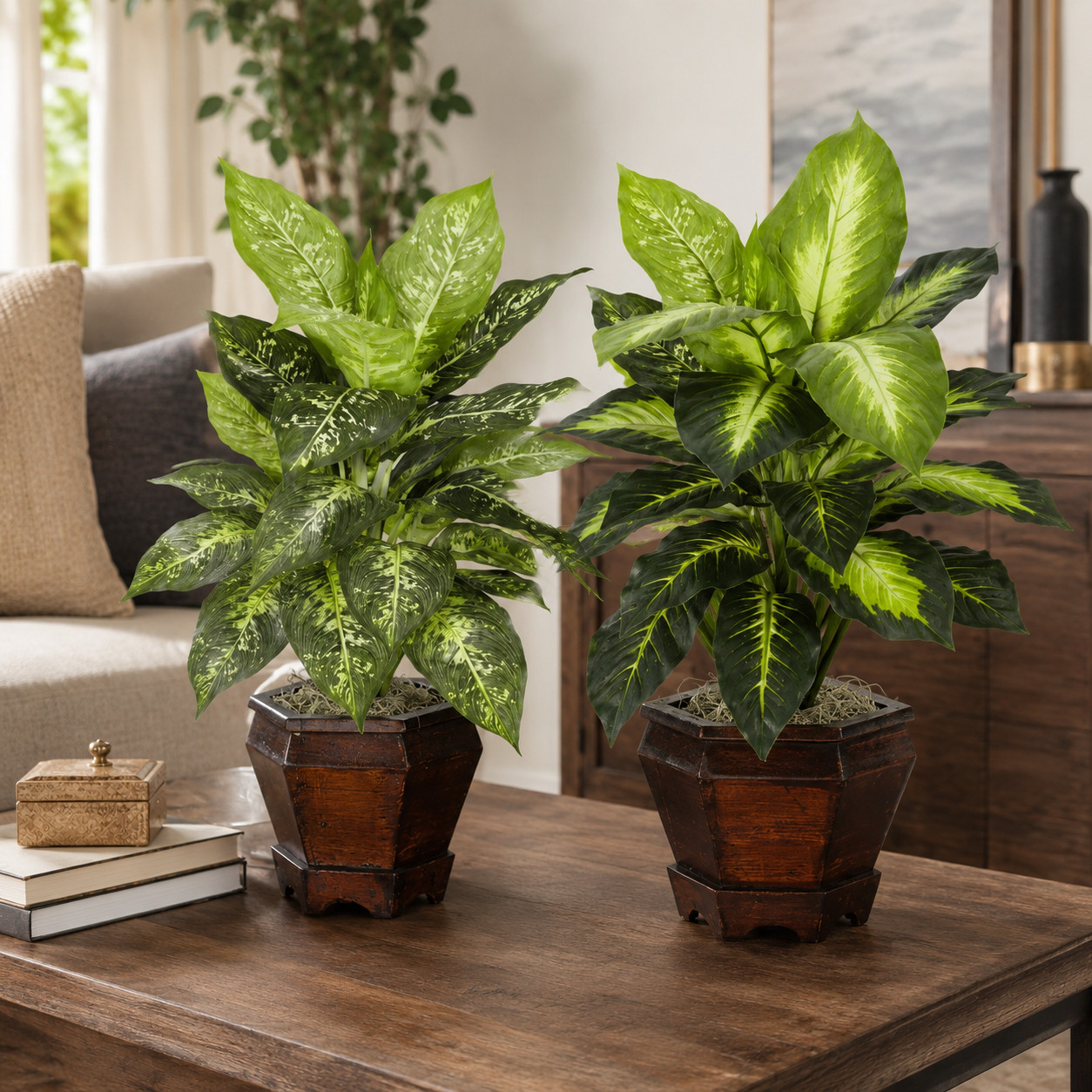 Golden Dieffenbachia w/Wood Vase Silk Plant – Assorted
