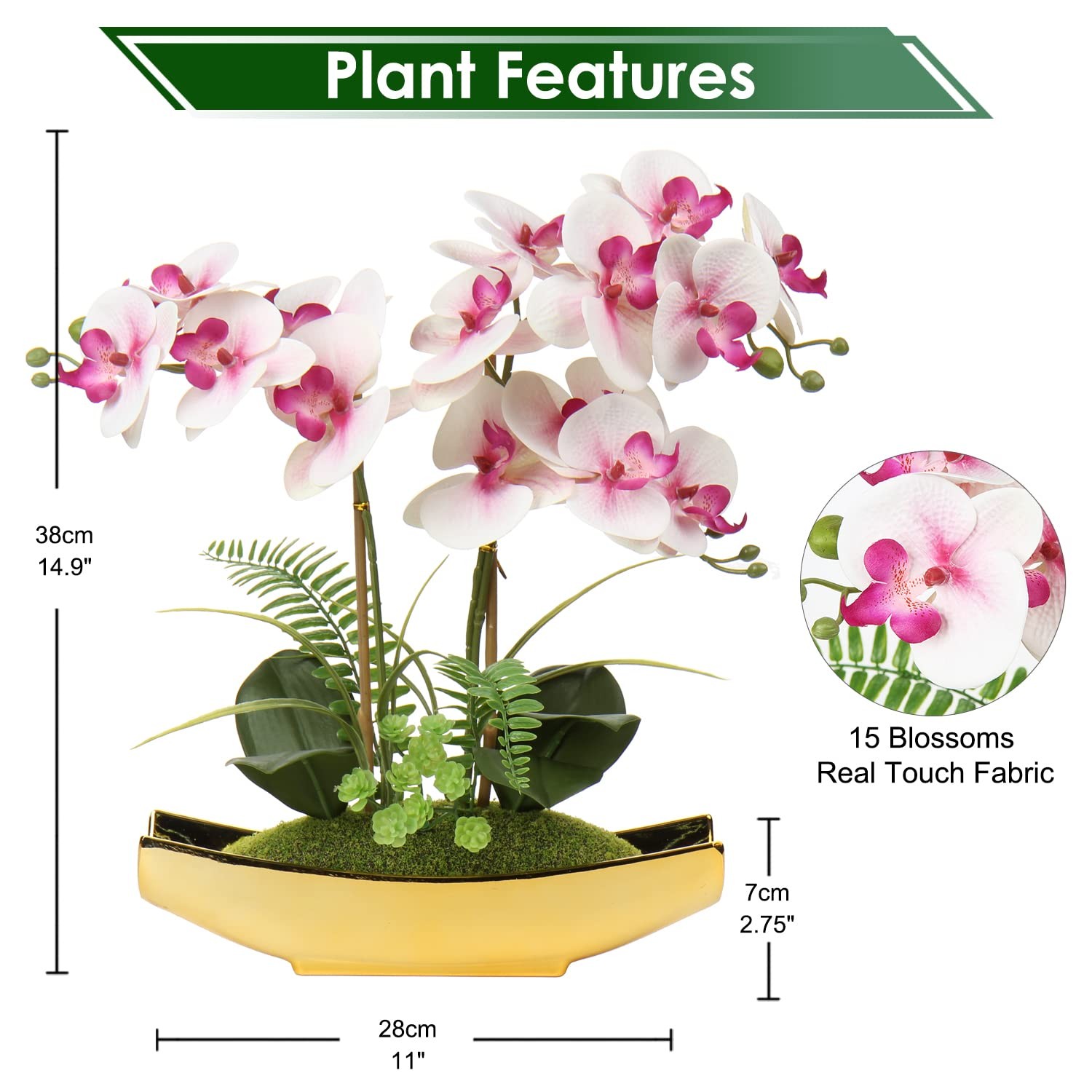 15 Inch Light Pink Artificial Phalaenopsis Orchid Gold Pot Real Touch Plant