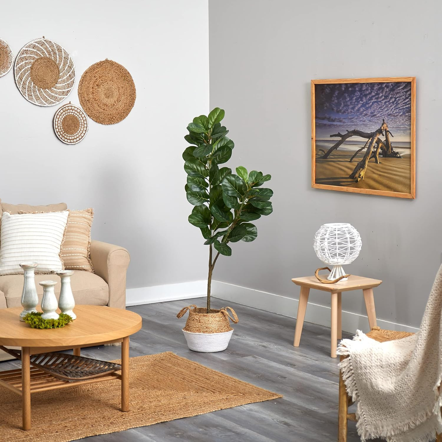 4.5Ft Fiddle Leaf Fig Tree in Boho Chic Woven Cotton & Jute Planter