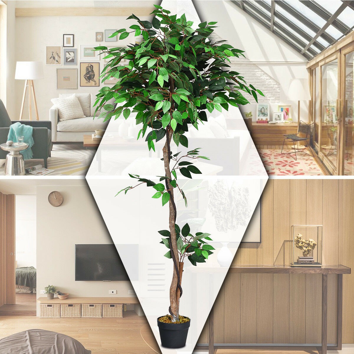 Costway 5.5FT Artificial Ficus Silk Tree Wood Trunks Green In/Patio Home Décor