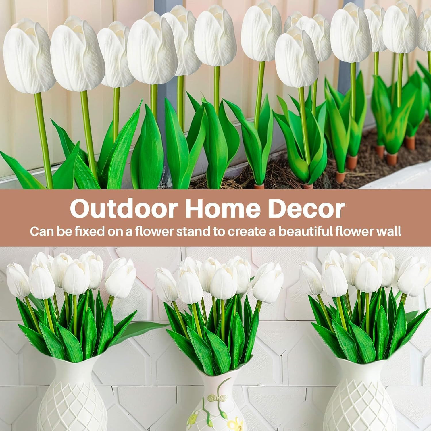 10 White Tulips Artificial Flowers – Fake White Tulips Real Touch White-10Pcs