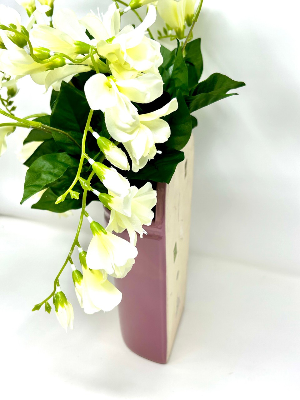 16″ Vintage HANGING Pink Dragonfly Ceramic WALL POCKET, Silk White Freesia flowe