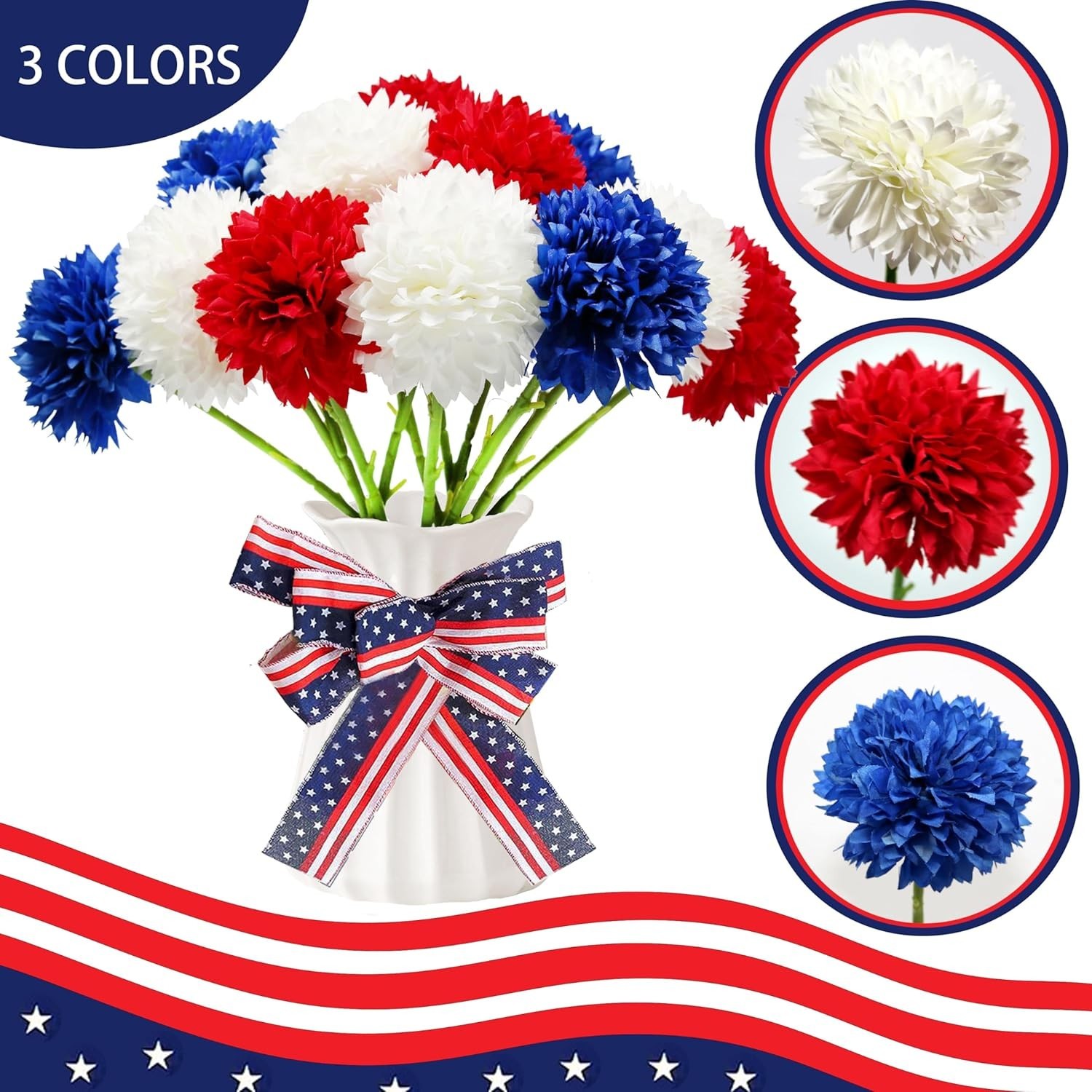 Patriotic 12-Pc Faux Chrysanthemum Bouquet in Red, White, and Blue for Events