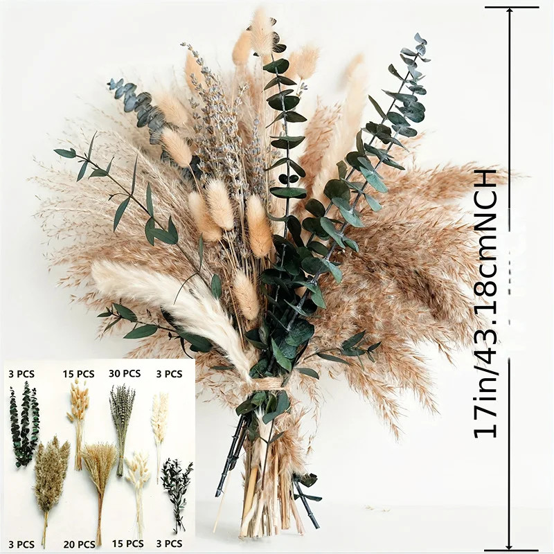 80PCS Natural Dried Flowers Bouquet Pampas Grass Bunny Tail Grass Boho Home Wedd