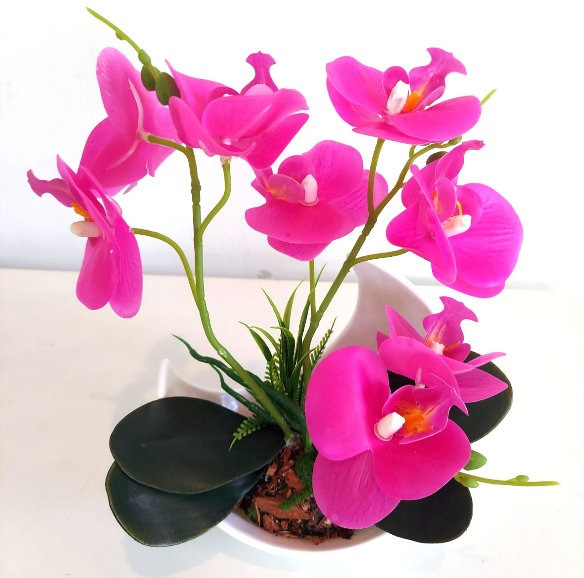 Artificial Bonsai Phalaenopsis Orchid Flower Fushia Purple Plant Potted 9.5″ H