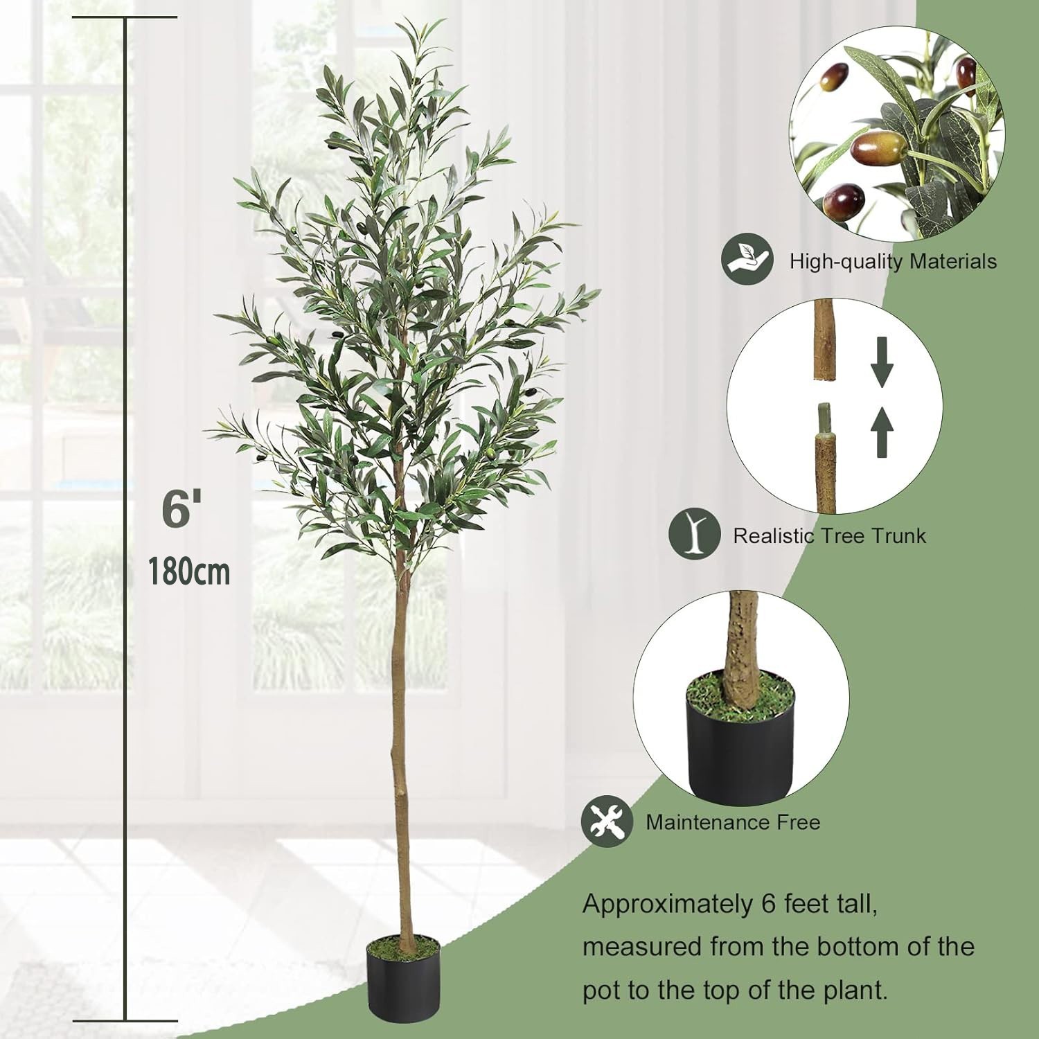 180cm Detachable Artificial Olive Tree Tall Potted Green Plant for Home Decor