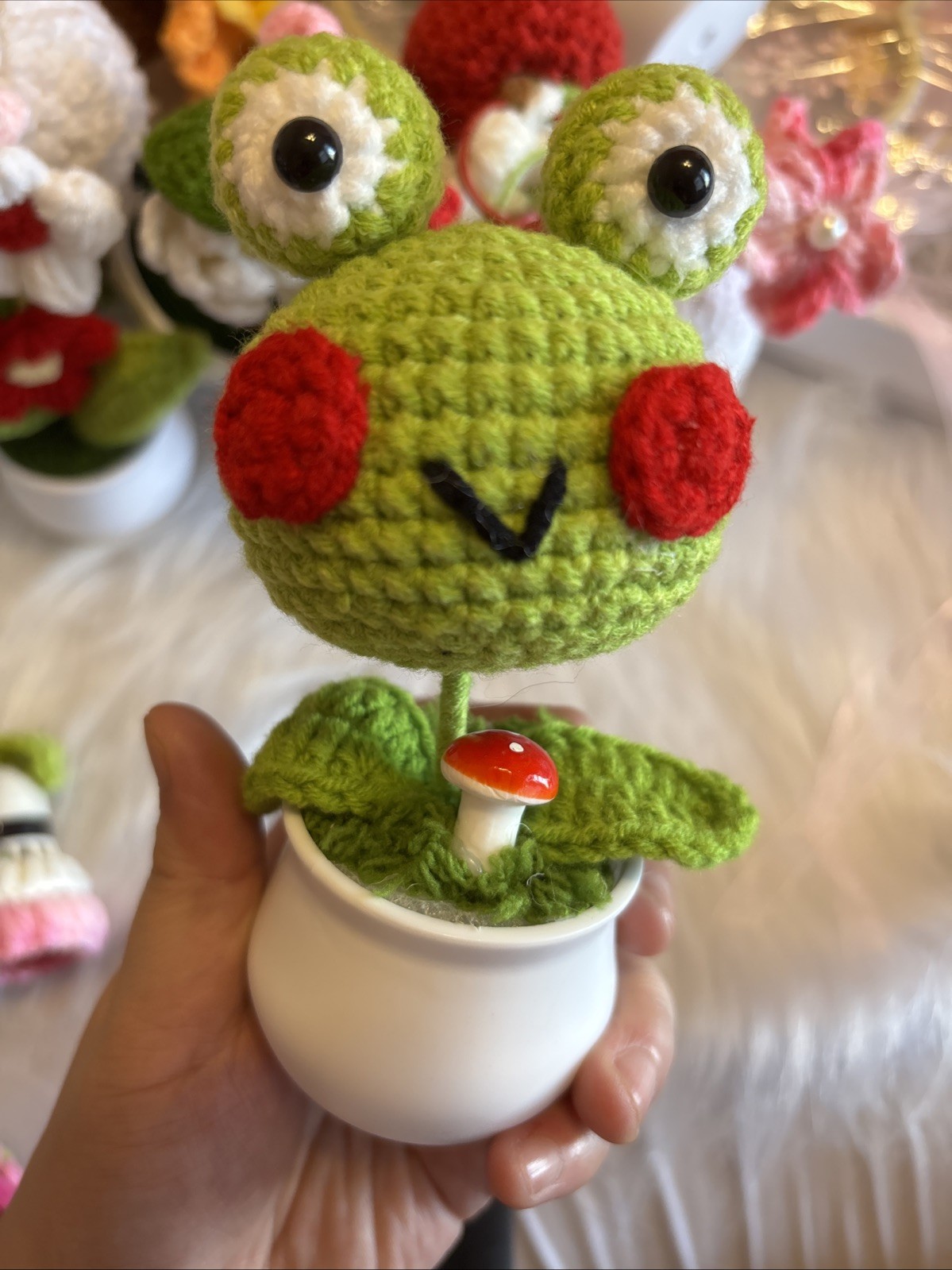 Handmade Crochet Green Frog Potted Plant Kawaii Fairycore Desk Decor Gift