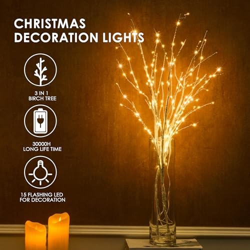 Lighted Birch White Tree Branches 33IN 180LED with Timer Plug in, Birch Tree