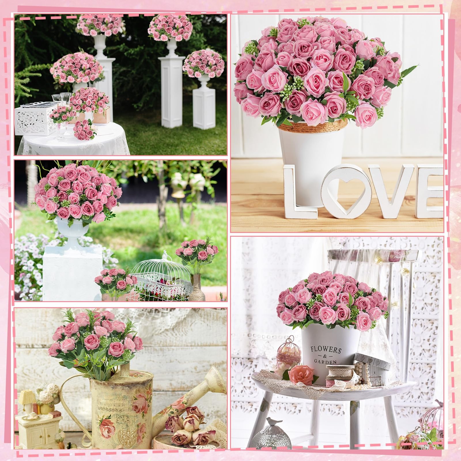 6 Stems 10 Heads Dusty Pink Artificial Silk Roses Bouquets with Leaf Faux Flo…