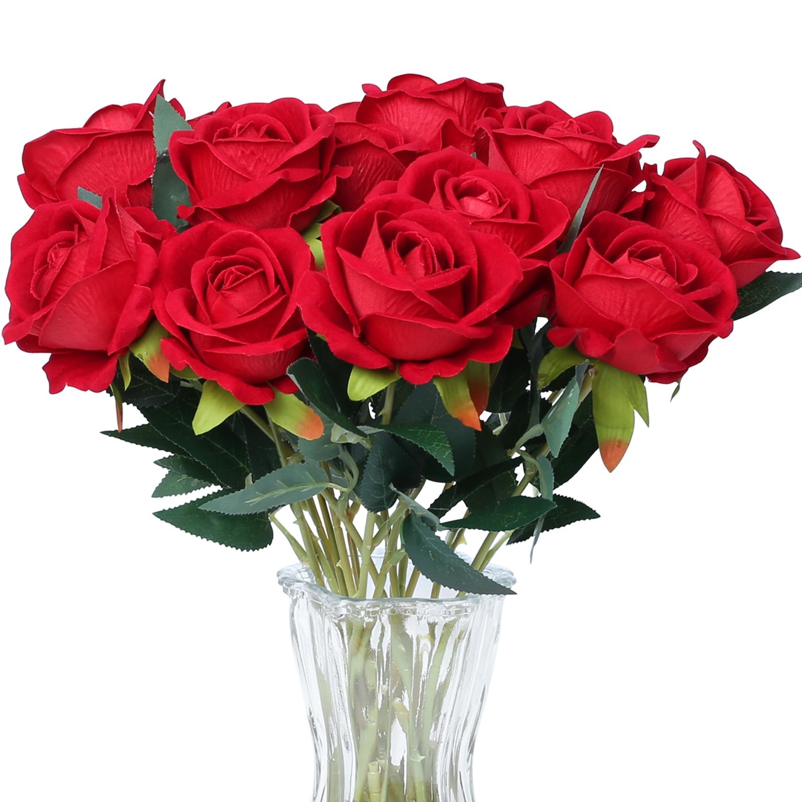 15PCS Red Artificial Roses Silk Flowers Fake Roses Realistic Bouquet Long Ste…