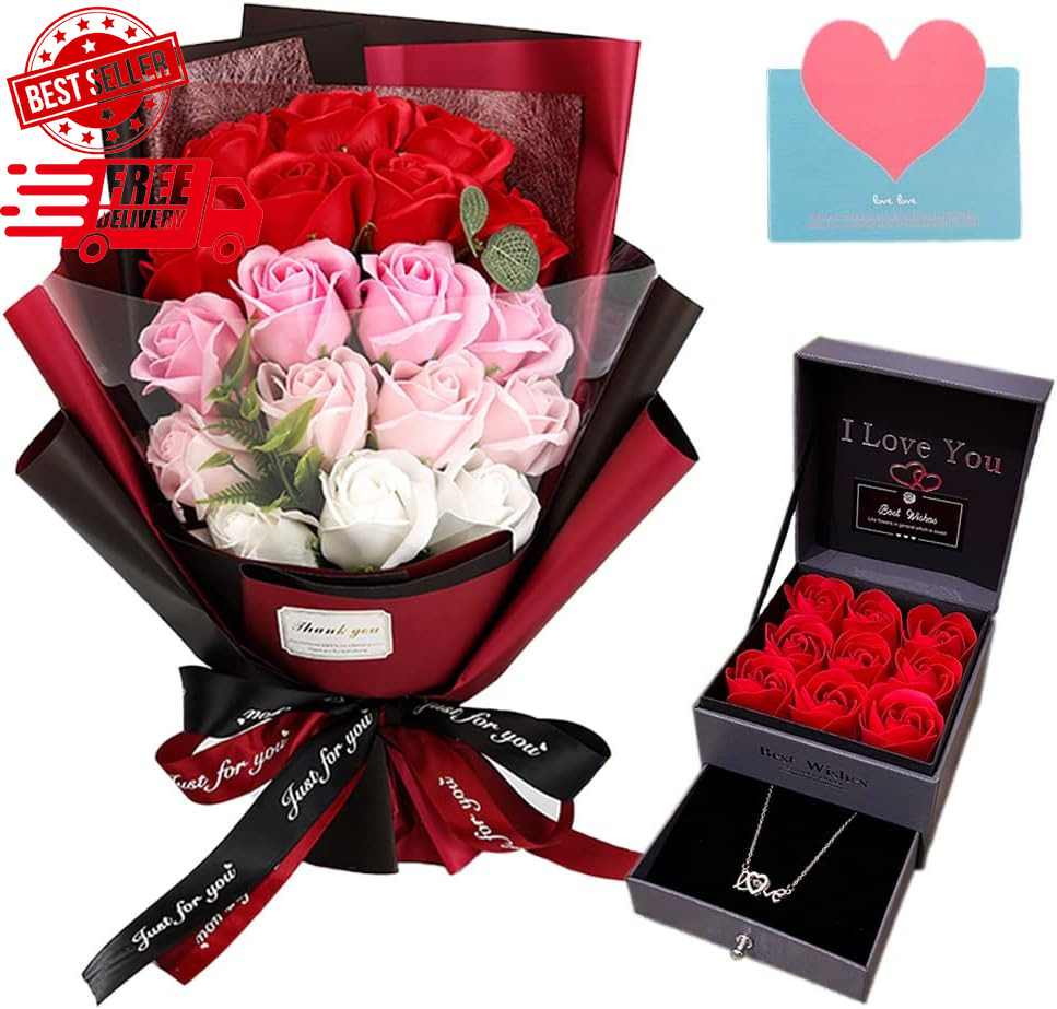 Roses Bouquet Artificial Flower – Preserved Red Rose Flowers with Love Necklace