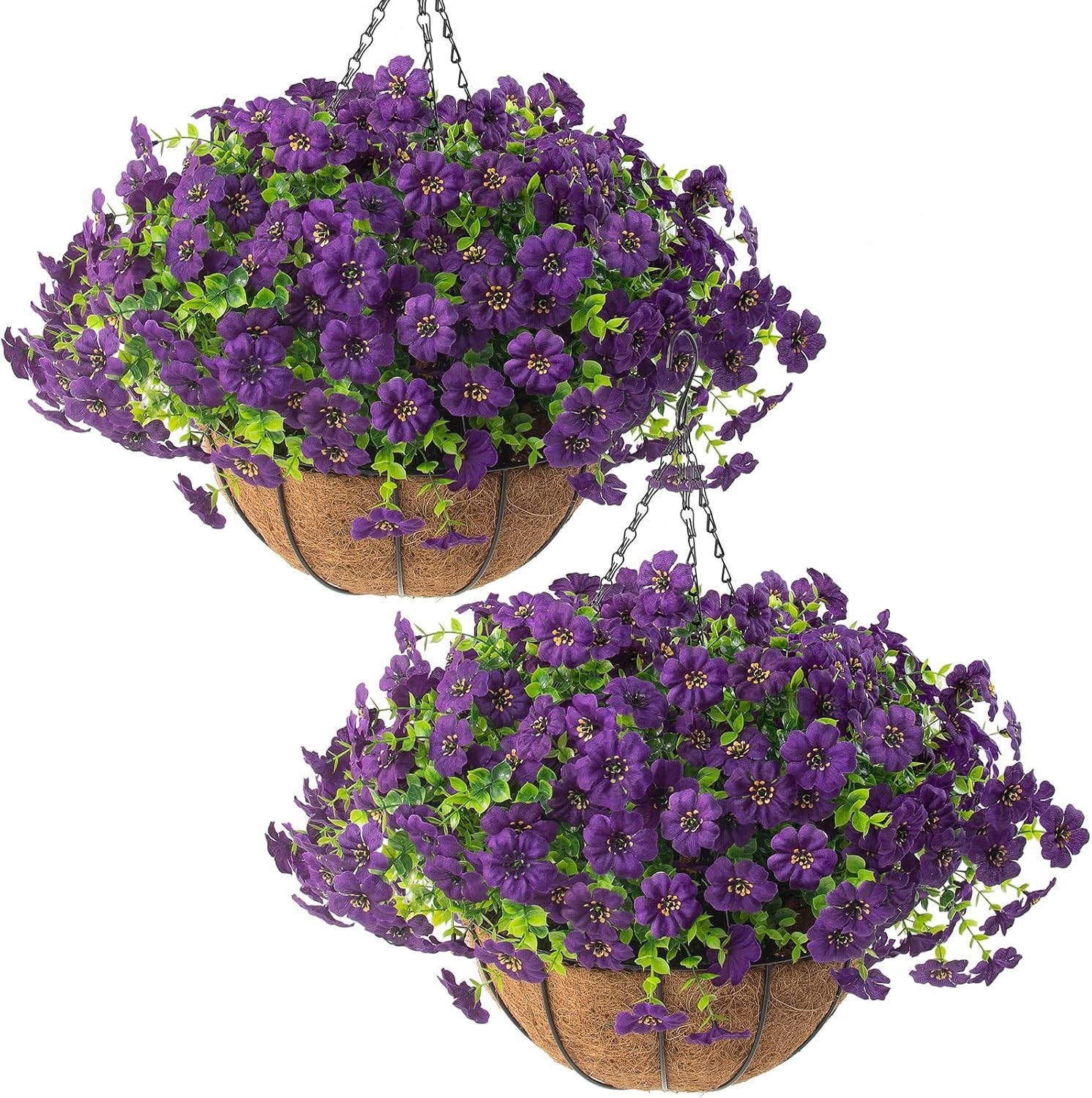 Vibrant Purple Artificial Outdoor Flower Baskets – Low Maintenance -Round Decor