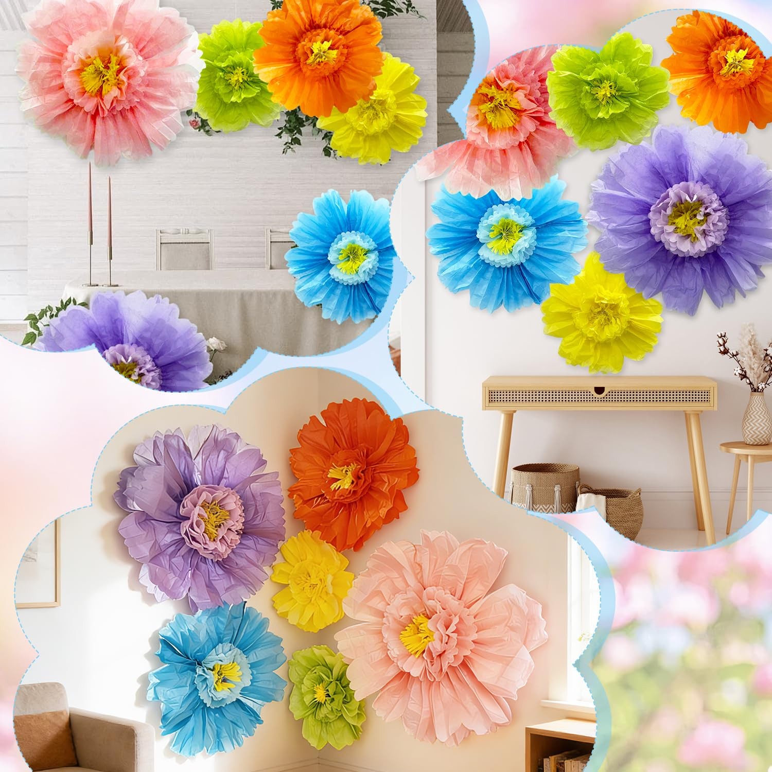 6 PCS Colorful Giant Paper Flowers 39.4/31.5/23.6 Inch Wall Decoration