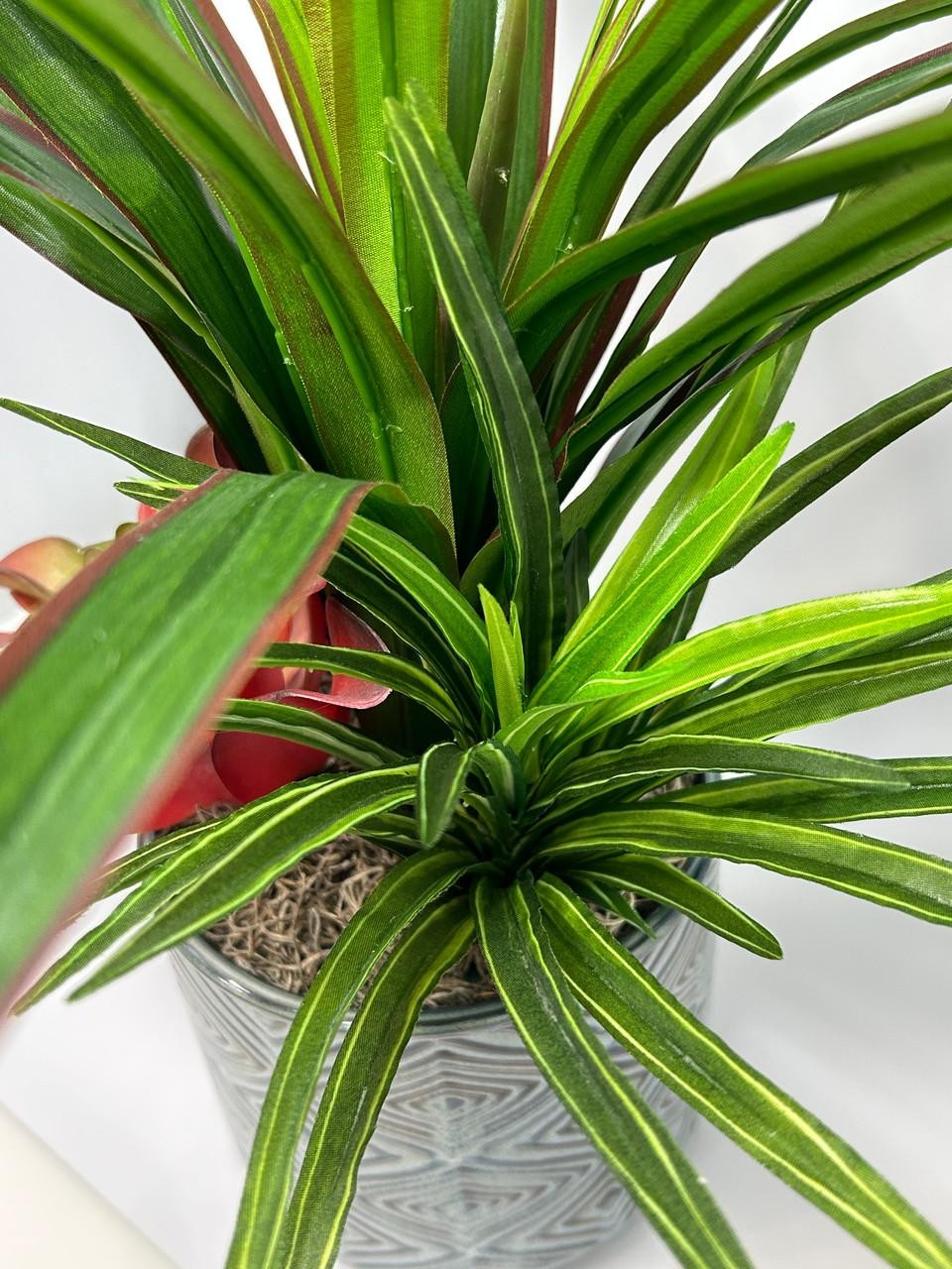20″ Lg Faux Green-Red YUCCA Silk plant, Red Kalanchoe, Dracaena in Ceramic blue-