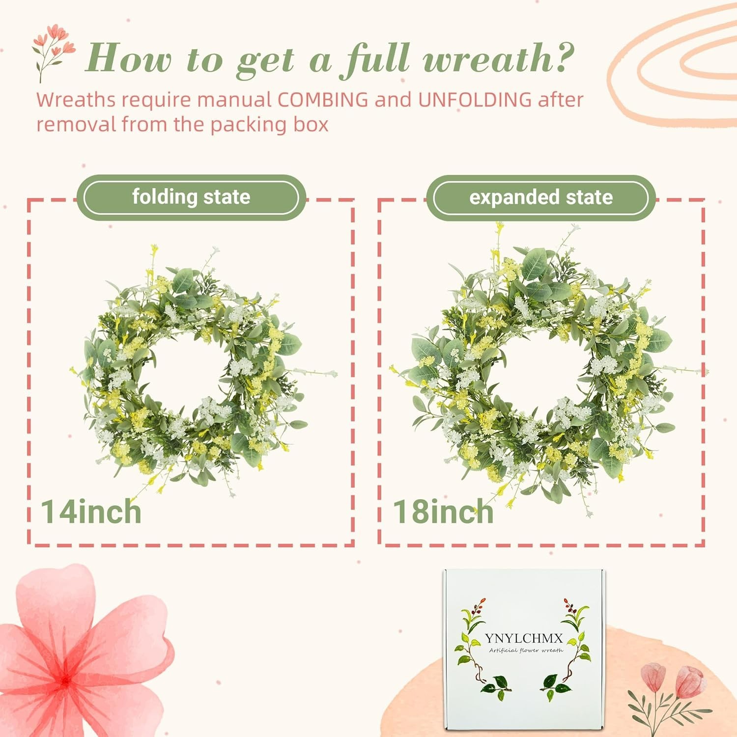 18-Inch Spring Summer Floral Wreath – Lifelike Daisy & Eucalyptus Decor