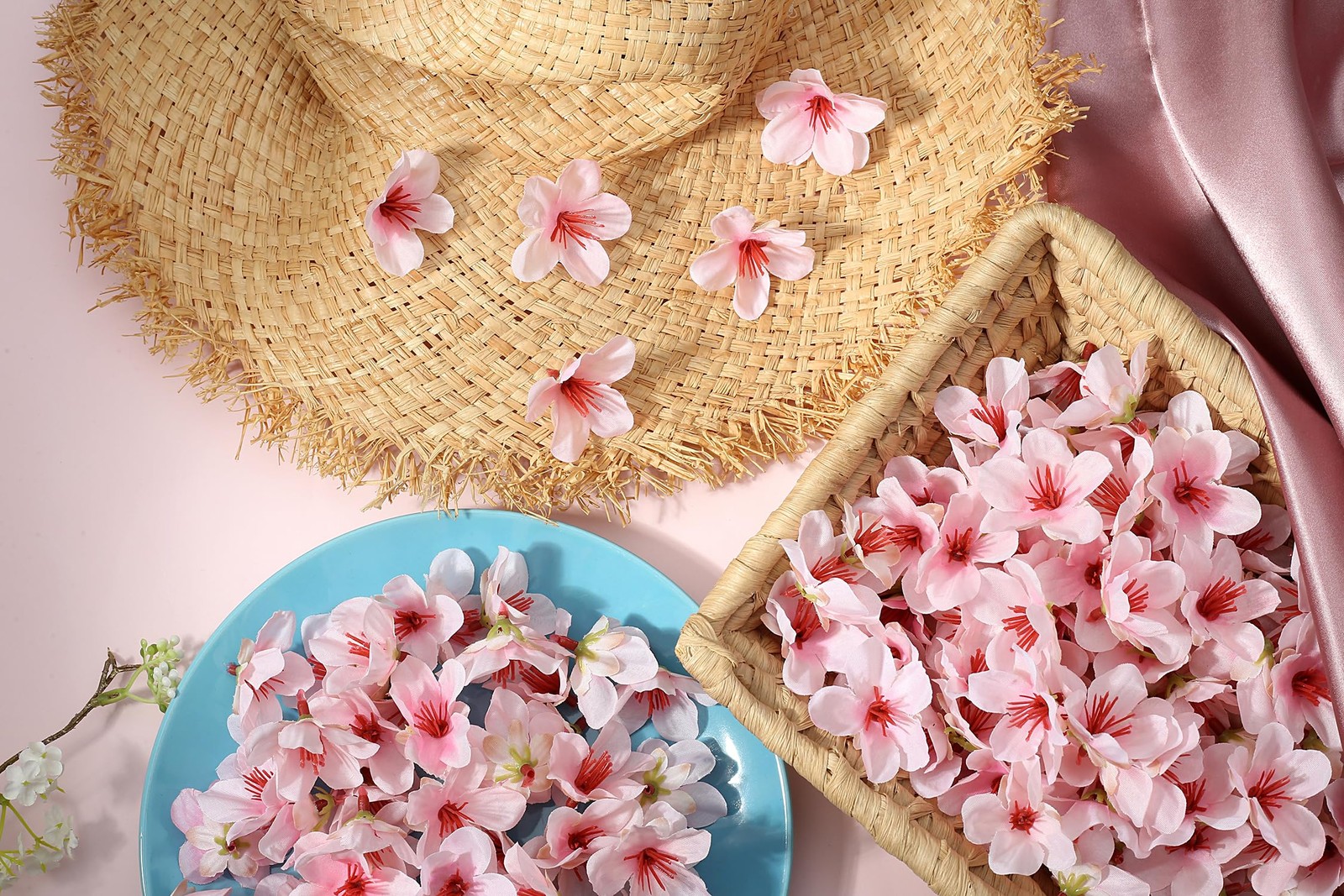 100 PCS Pink Cherry Blossom Heads Artificial Silk Mini Flowers 1.6 Inch Decor