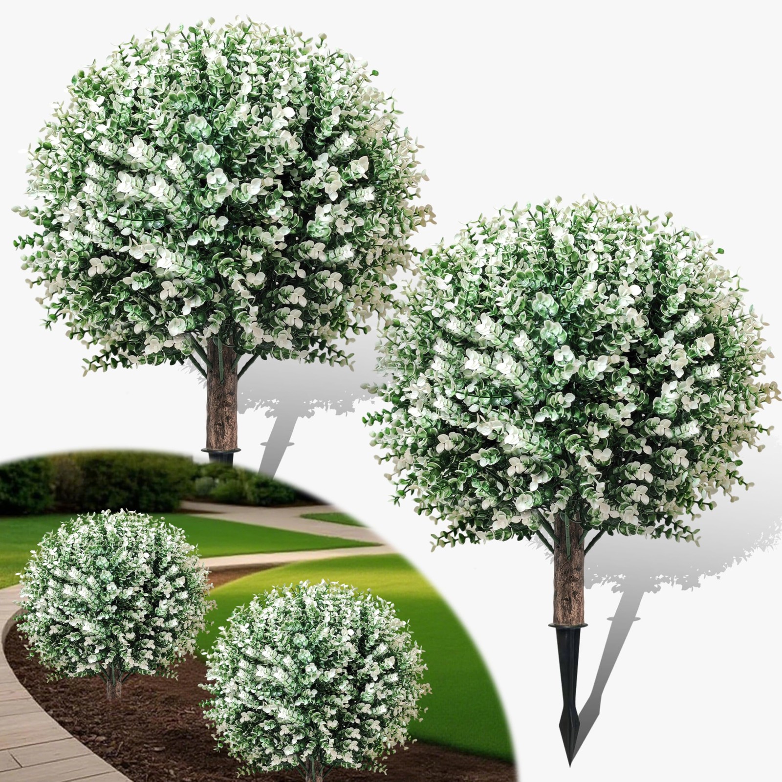 2 Pack 24.5″ Artificial Boxwood Topiary Ball Trees Outdoor, White Faux Bushes…