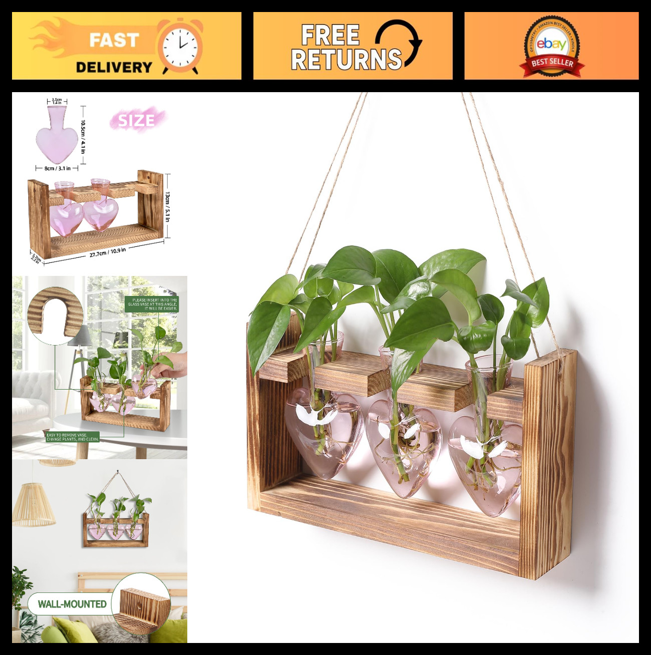Heart Shaped Glass Vase Plant Terrarium Hydroponics Station with Wooden Stand –