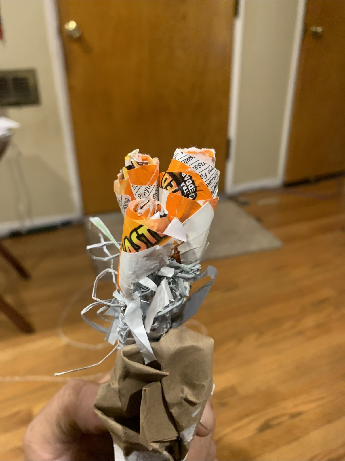 Three Rose Stems w/orange Rose Buds Made From •Gold Fish Snack Cover Wrap W Love