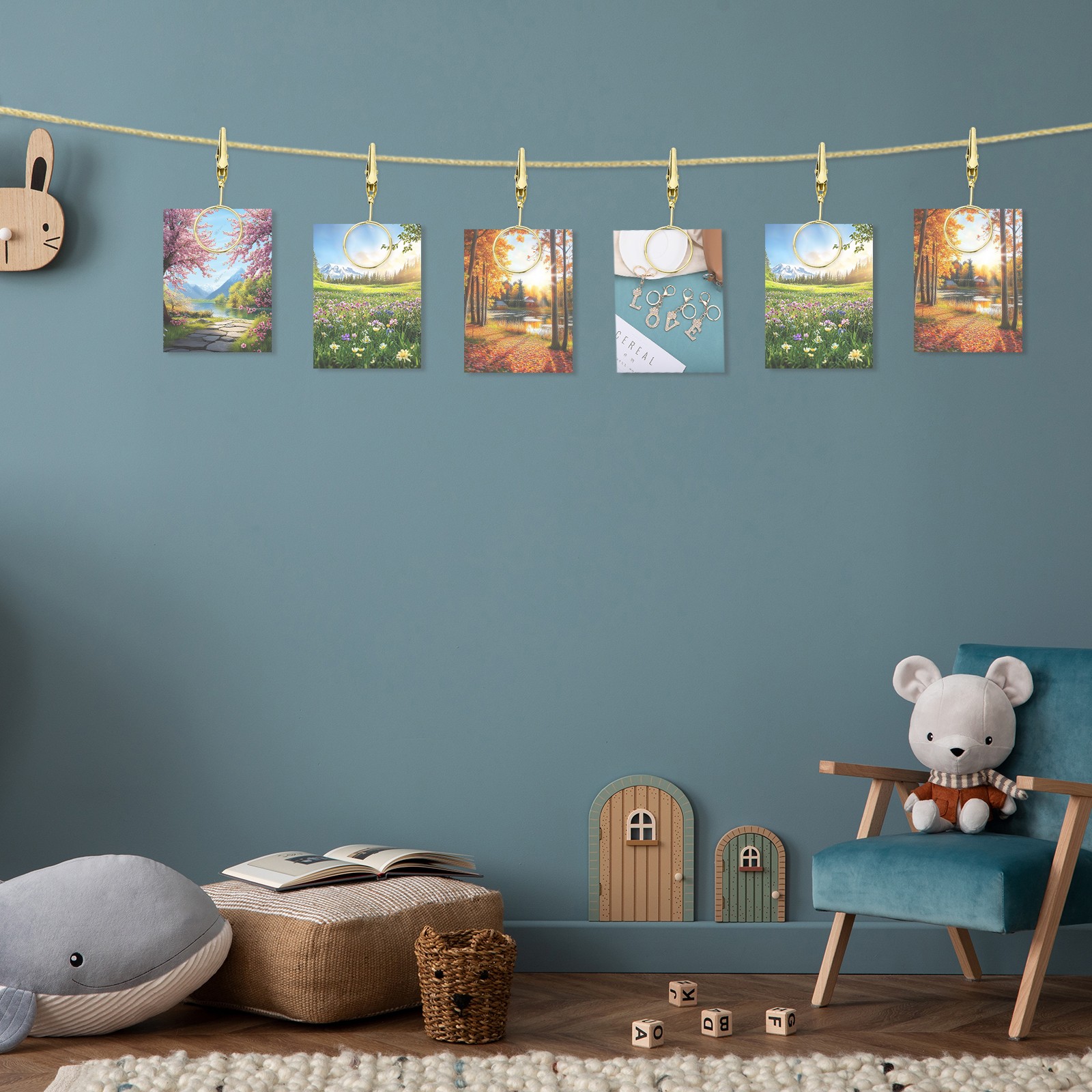 5Ft Wall Hanging Photo Display Cable Wire Rod with 10 Round Clips, Gold
