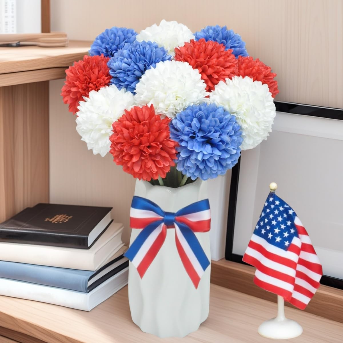 12 PCS Red White Blue Artificial Chrysanthemum Ball Flowers 4th July Decor