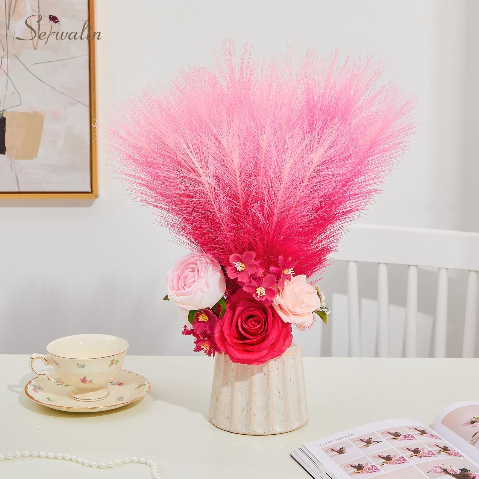 Gradient Hot Pink Pampas Grass Decor,17.7 Inch 6 Pcs Artificial Fluffy Pampas…