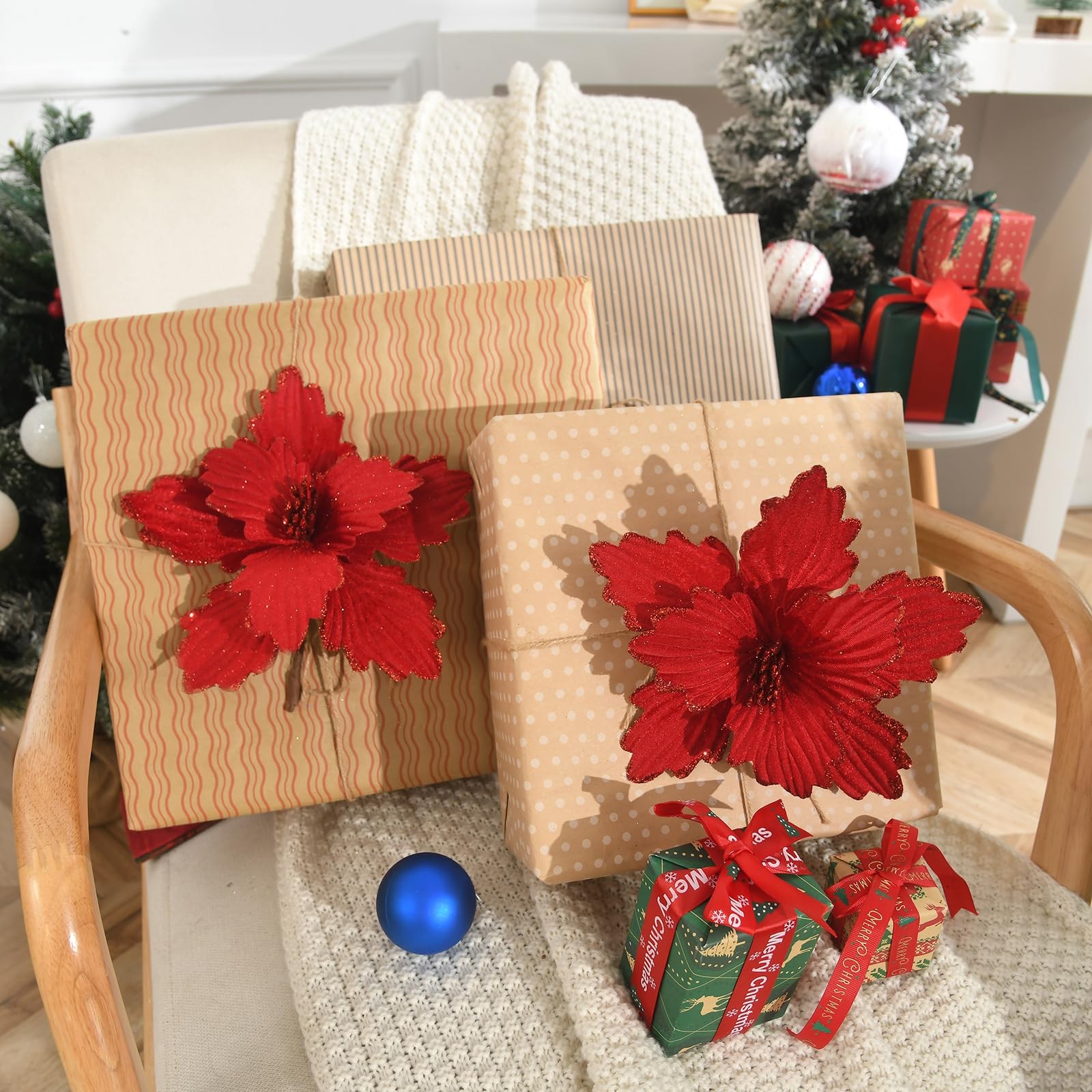 10 PCS Dark Red Glitter Poinsettias Artificial Christmas Tree Ornaments Decor