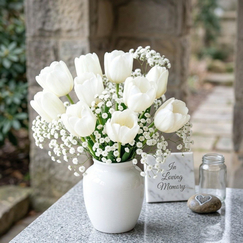 White Plastic Flower Bouquet 20 Stems with 10 Baby’s Breath 35cm 13.77in