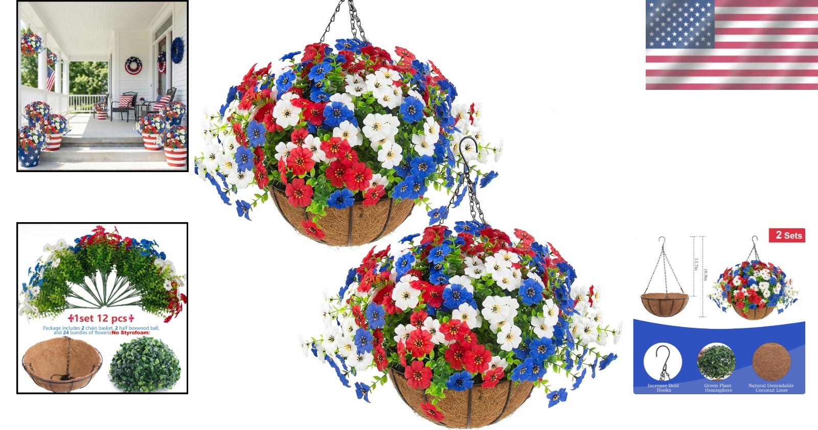 2-Pack Artificial Outdoor Flowers in Red, White, Blue
