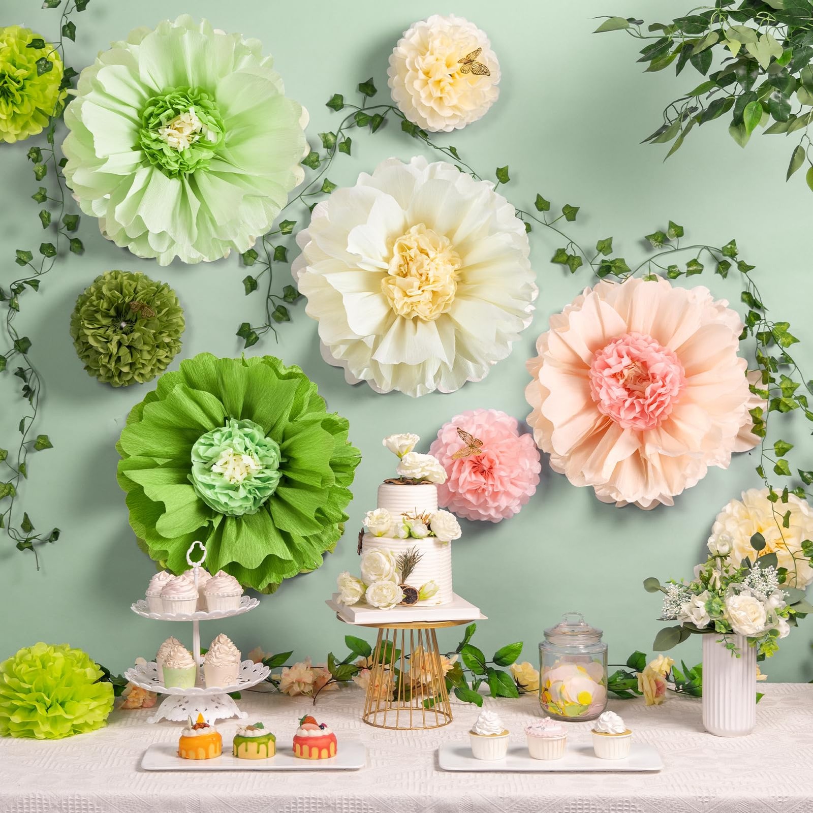 4 PCS 20″ Sage Green Giant Paper Flowers Large Crepe Paper Tissue Flowers Art…