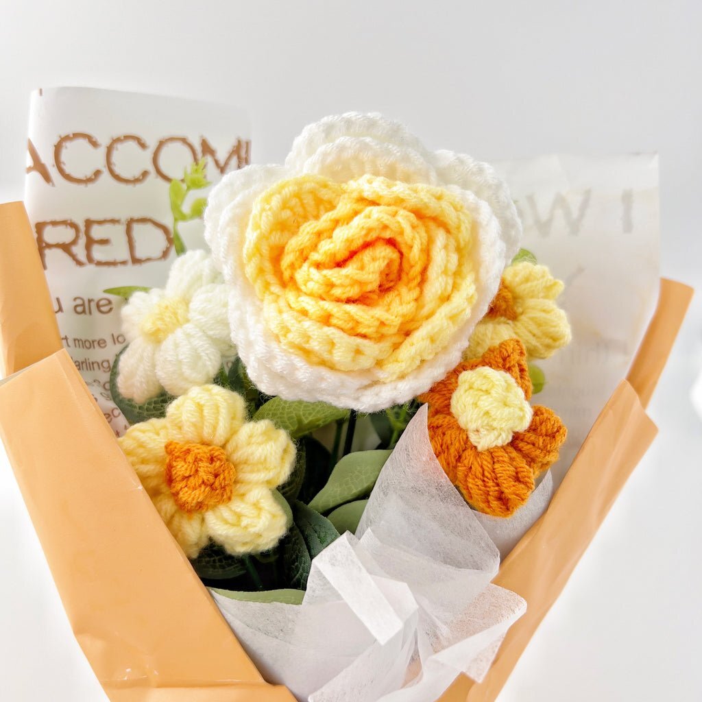 Rose Crochet Flowers Bouquet Knitted Flower Wrap with Light and Bag for Gift Hom