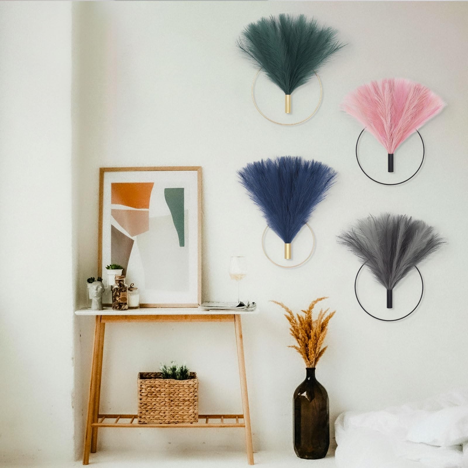 Boho Wall Decor – Metal Hanging Art, Pampas Grass Display for Living Room, Bedro