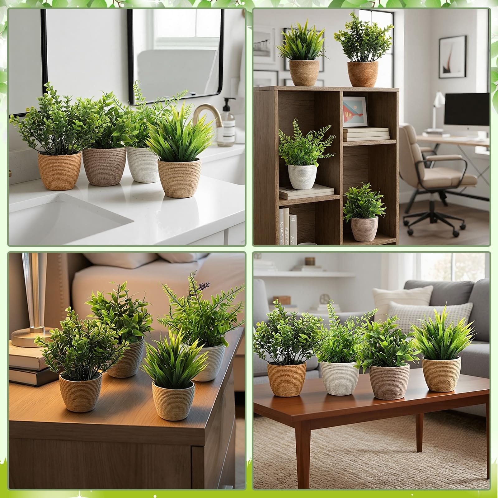 4 Pcs Boho Woven Artificial Plants, 8.7″ Small Faux Eucalyptus in Woven Plant…