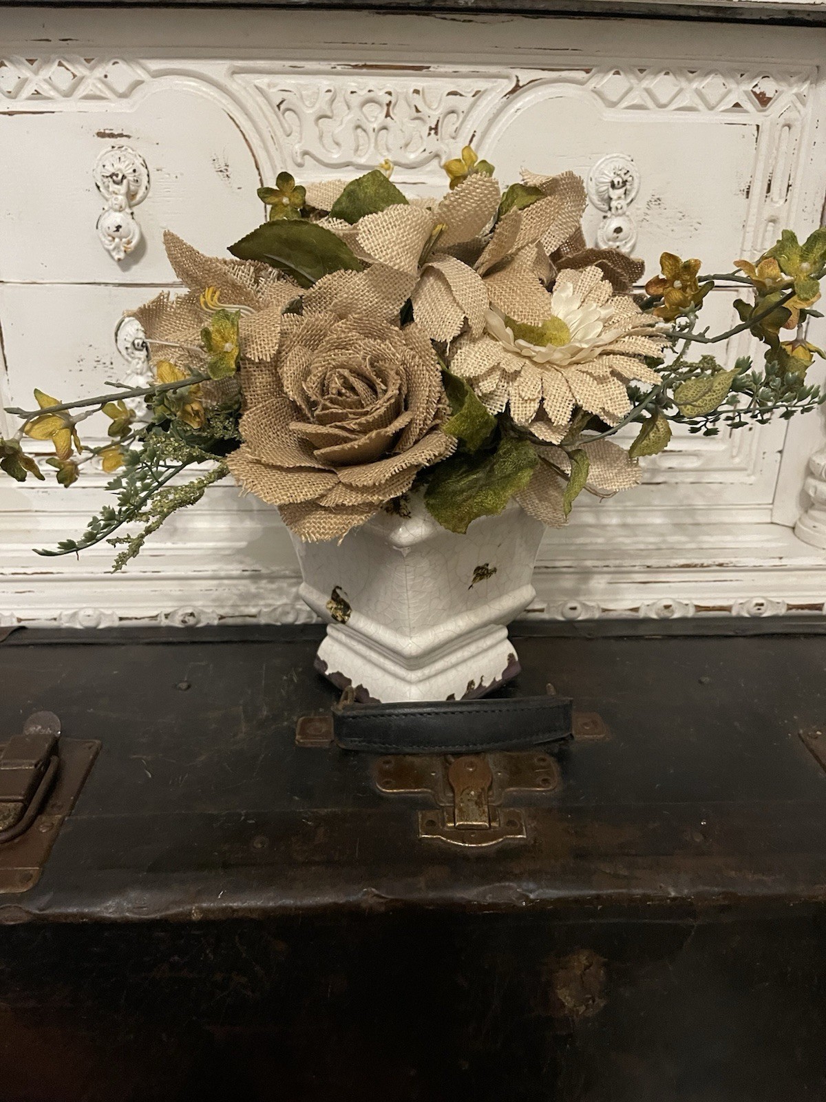 Burlap Flowers Farmhouse White Distressed Rustic Floral Centerpiece Decor