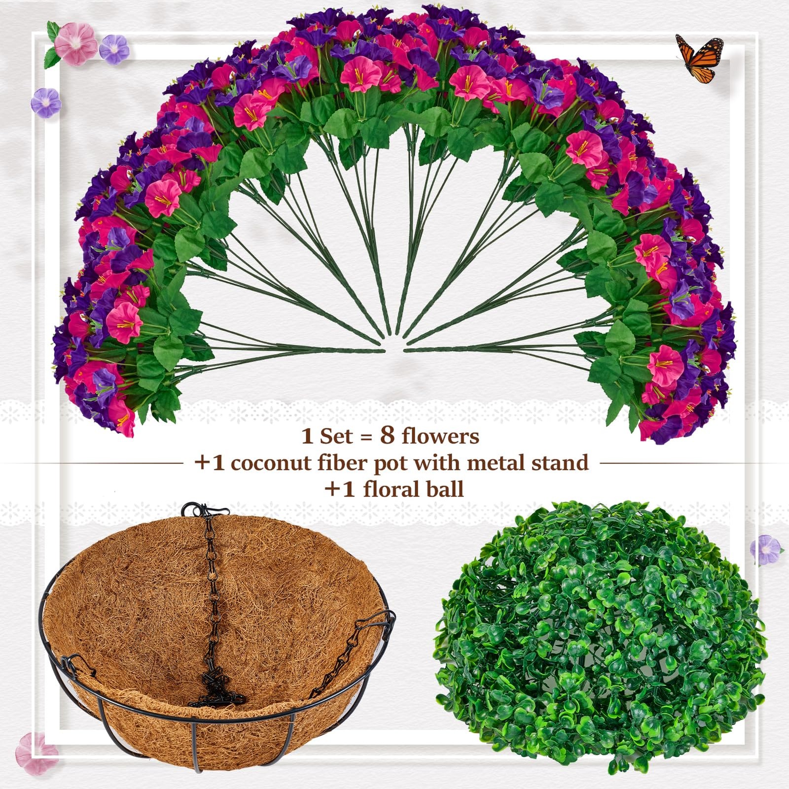 TTQ Set of 2 Artificial Hanging Flower Baskets for Outdoor Decor, 16 Bundles Fau