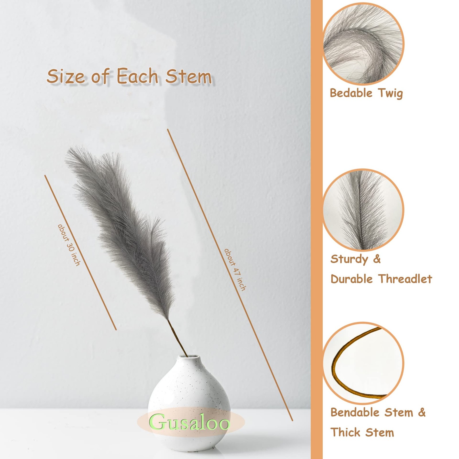 Artificial Faux Pampas Grass Large, 47″/120cm Bundle of 3 Fake Artificial Pam…