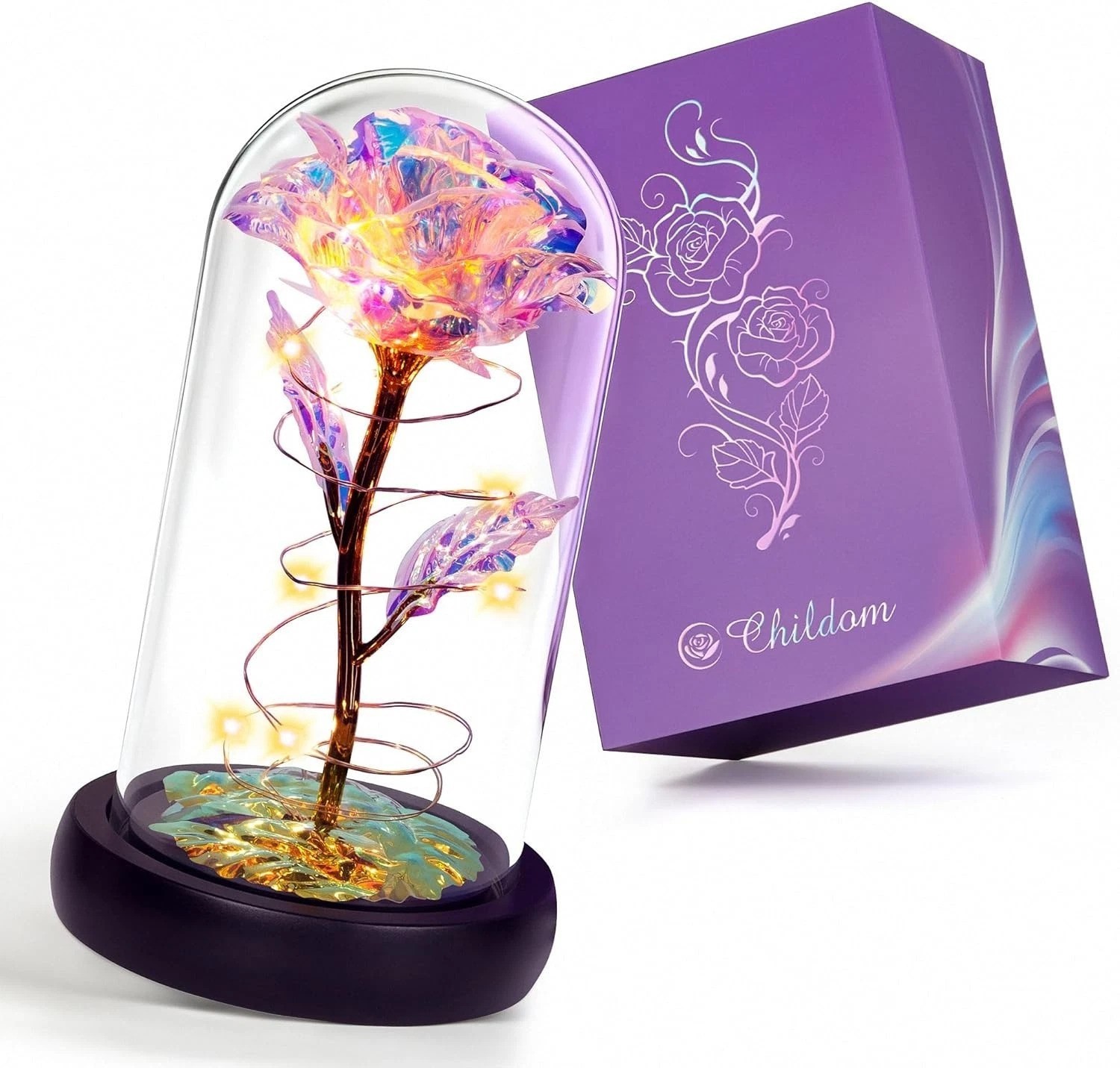 Illuminated Rainbow Rose in Glass Dome – Timeless Gift for All Occasions