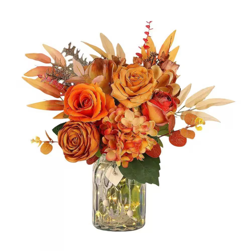 13 In. Orange Indoor Rose Hydrangea Floral Arrangement in Clear Glass Vase, Fall