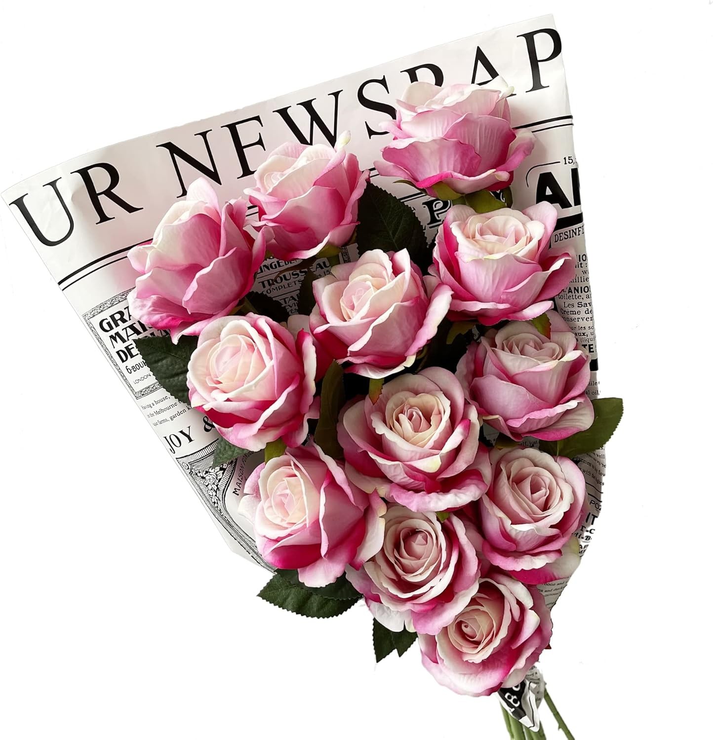 UKELER Artificial Rose Flowers Dark Pink 12 Pcs Blossom Rose Flowers Real Touch