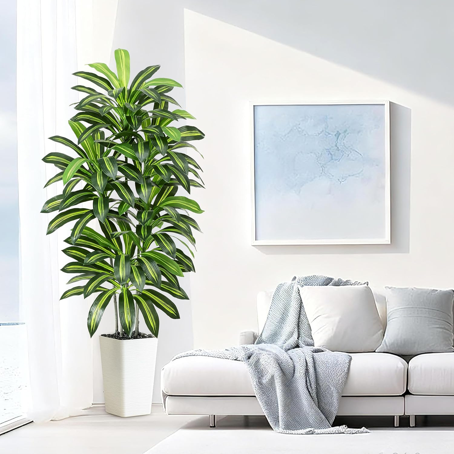 Artificial Dracaena Tree – 6FT Tall Fake Plants with White Tall Planter – Artifi