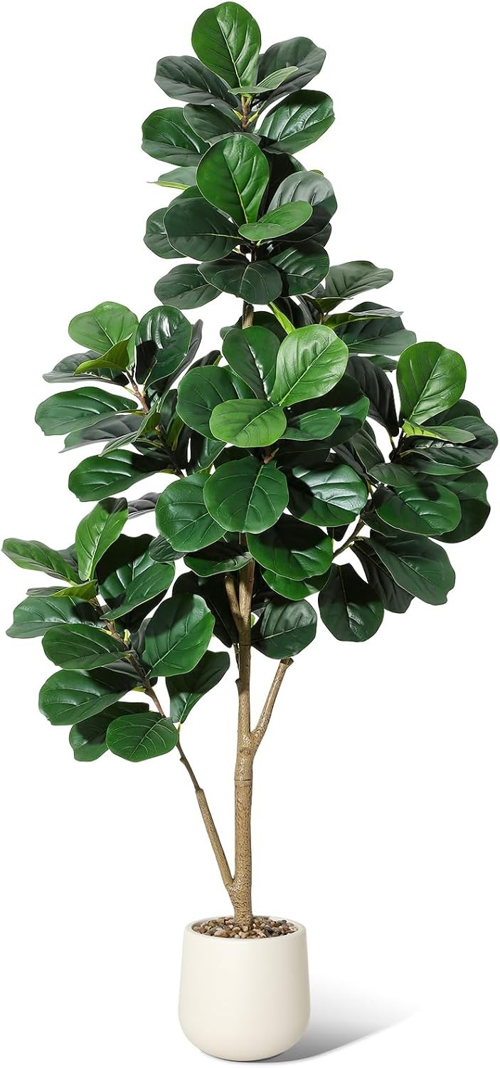 Artificial Fiddle Leaf Fig Tree 6FT Faux Ficus Plant Tree in White Planter Pot