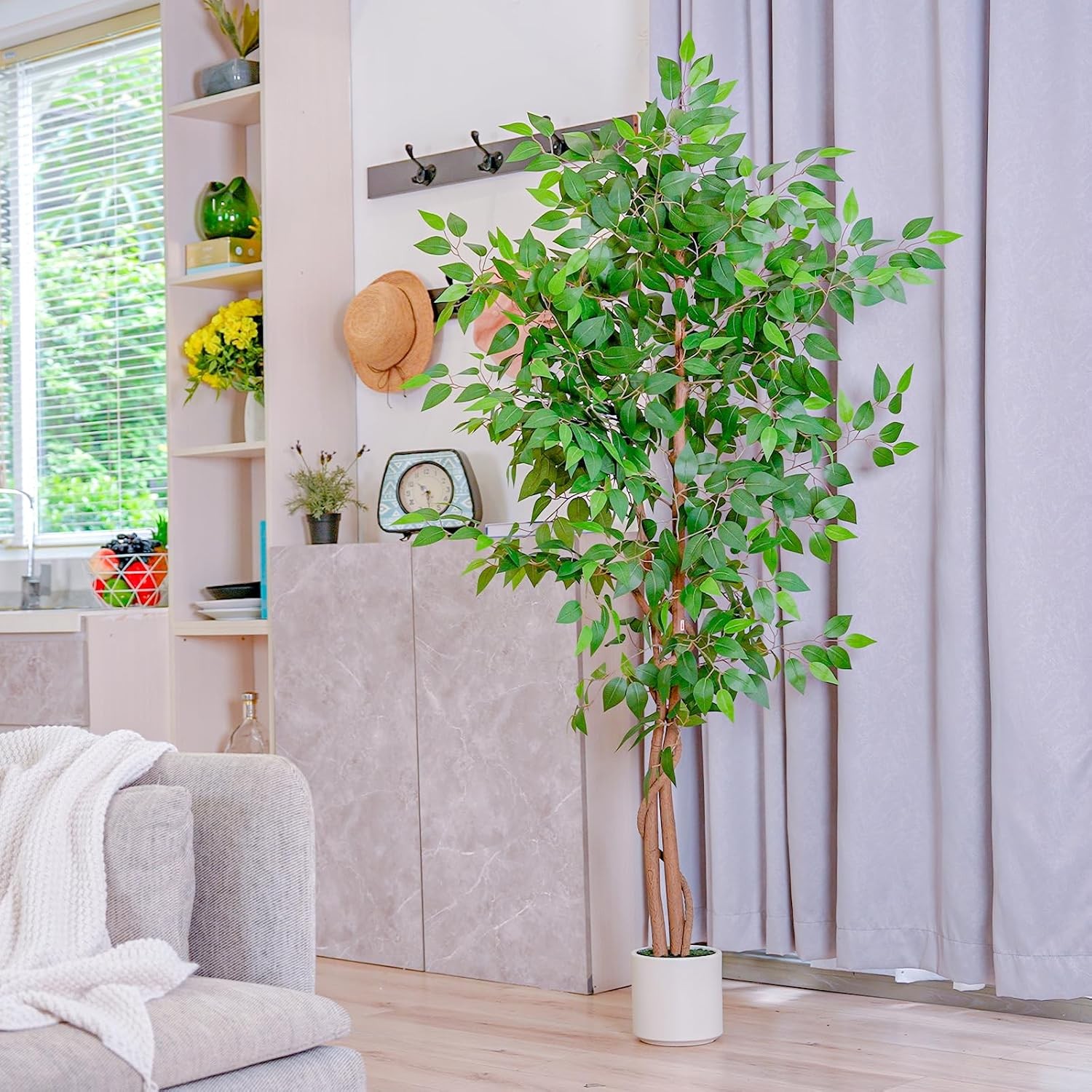 5FT Artificial Ficus Tree W/ White Planter Realistic Faux Silk Indoor Outdoor