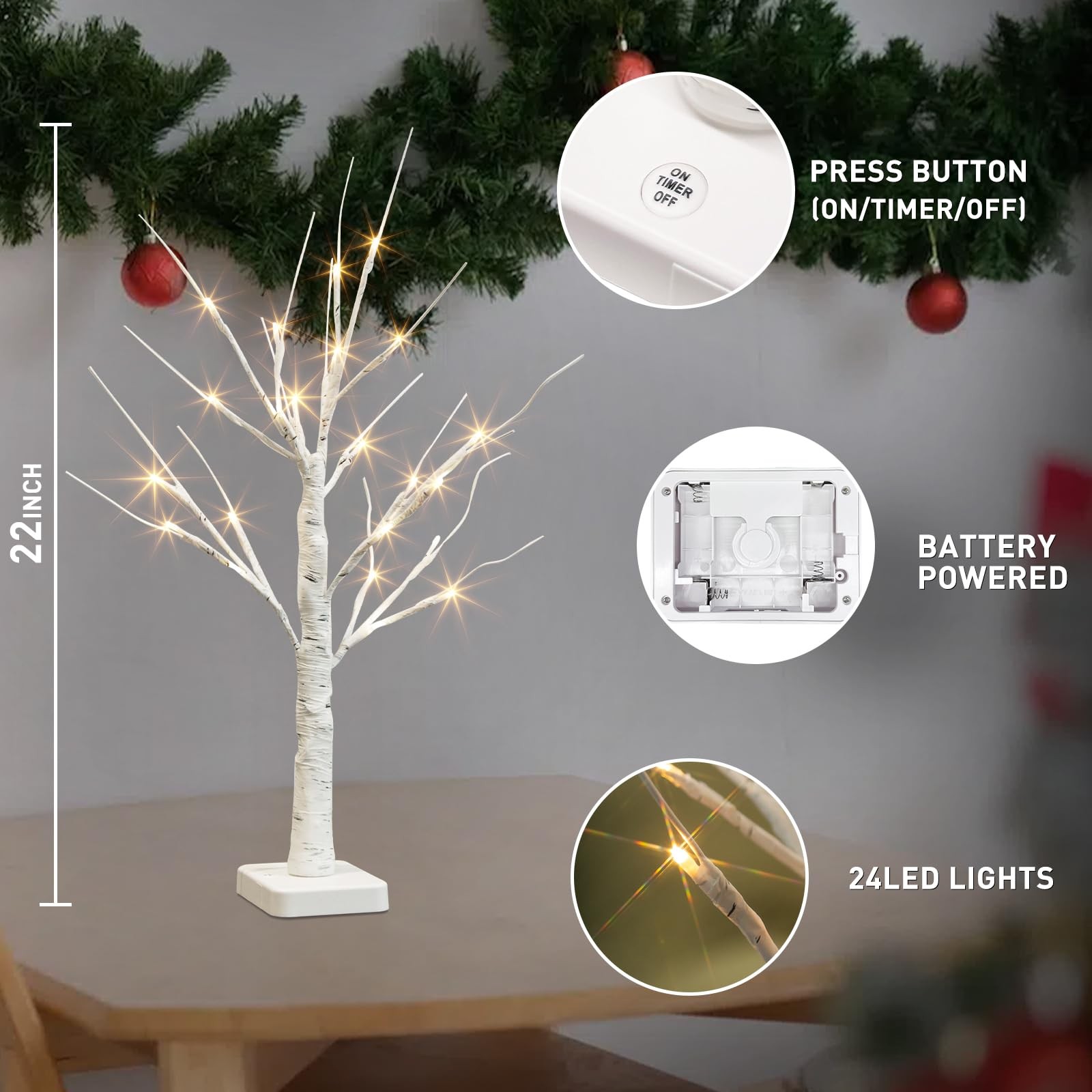 2 PCS Lighted Birch Tree 24 LED Tabletop Centerpiece Battery Timer Decor