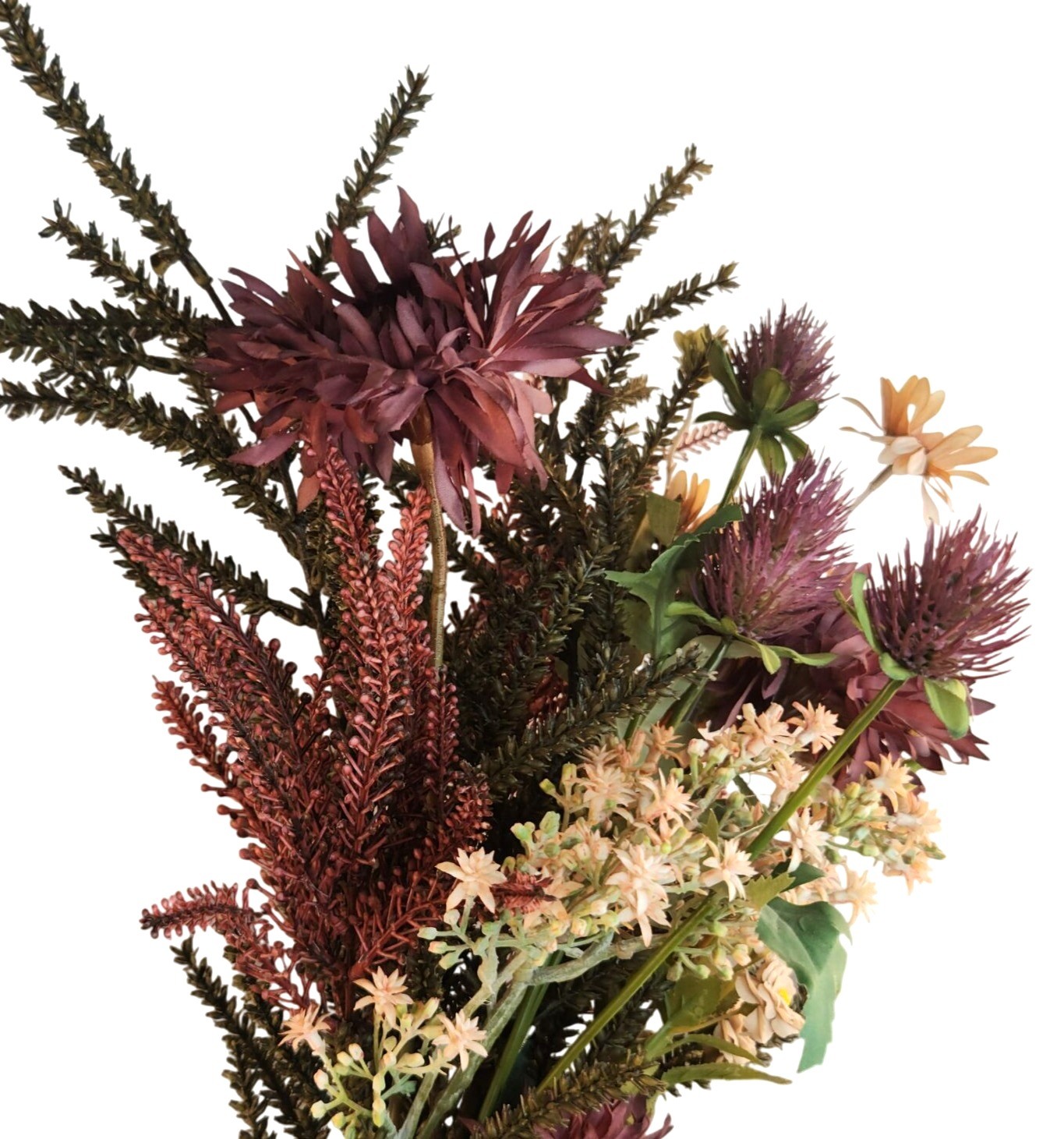 Hand Tied Artificial Flower Bouquet With Burgundy Purple Cream and Green Tones