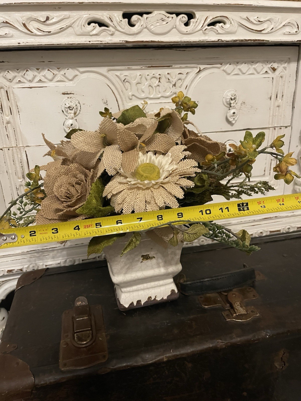 Burlap Flowers Farmhouse White Distressed Rustic Floral Centerpiece Decor