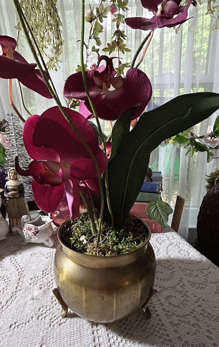 Artificial Orchids In Brass Urn With 3 Feet 20” Tall Darker Colors Due To Light