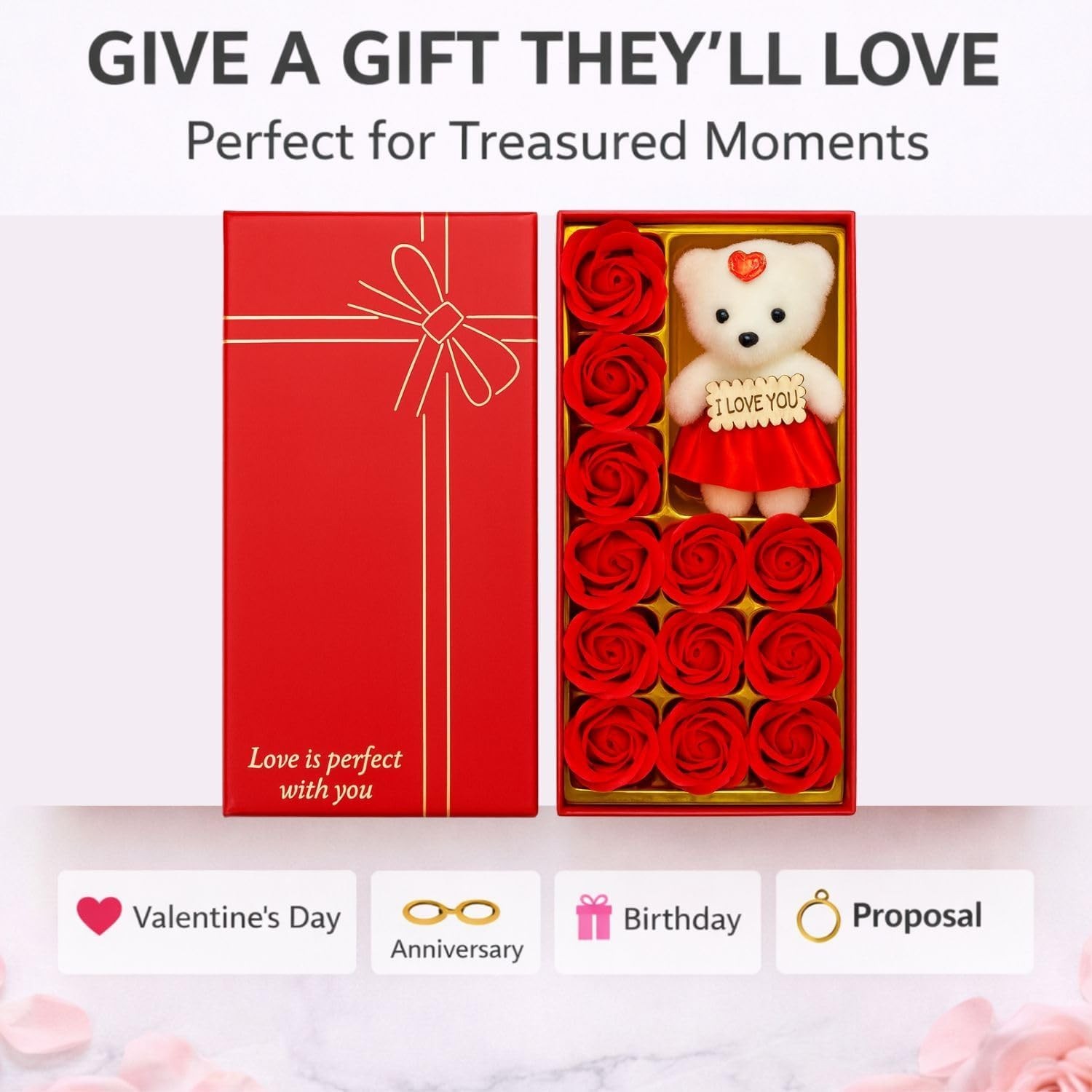 Artificial Rose Teddy Bear Gift for Mom Valentine Birthday Anniversary Decor USA
