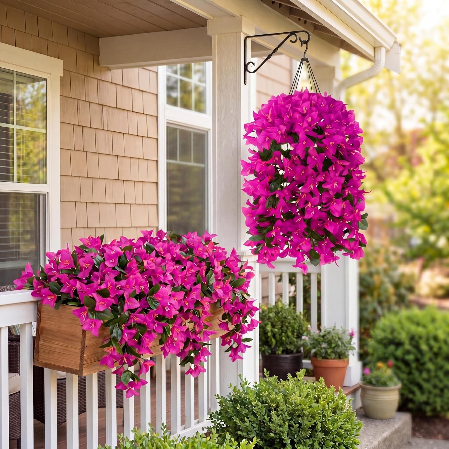 Fuchsia Faux Bougainvillea Hanging Plants – Durable Silk Decor for Outdoors
